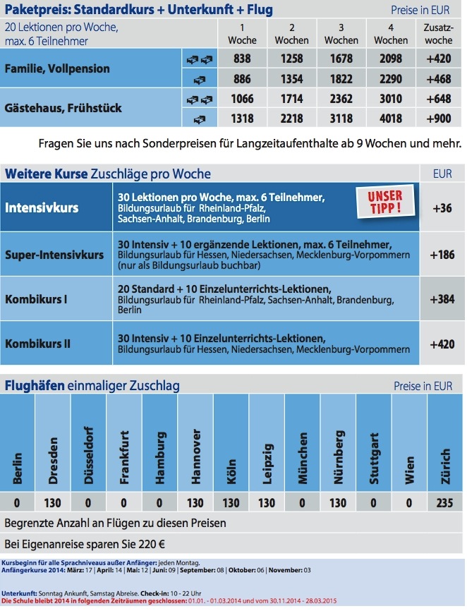 Preise 2014 Sprachreise England Devon