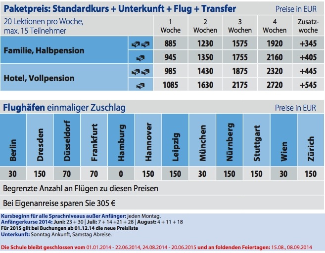 Preise 2014 Sprachreise St. Julians
